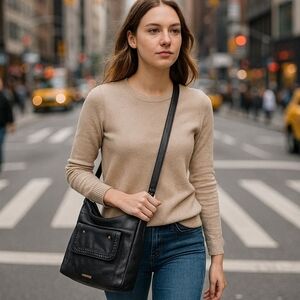 Rampage Black Faux Leather Shoulder Bag with Braided Front Pocket